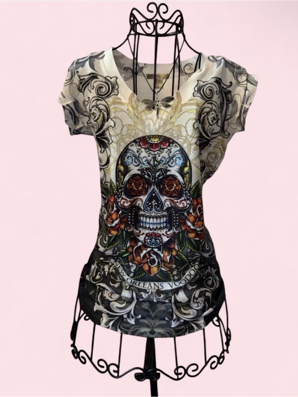 Y2K Women’s Skull Rhinestone V-Neck Tee Tattoo Style Size Medium